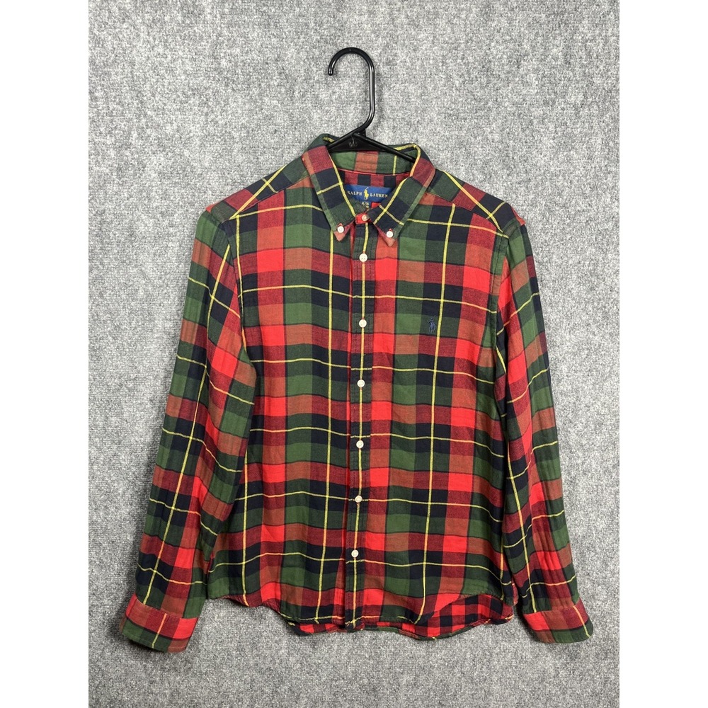 Ralph Lauren Youth Shirt XL (18-20) Red Olive Green Plaid Long Sleeve Button Up